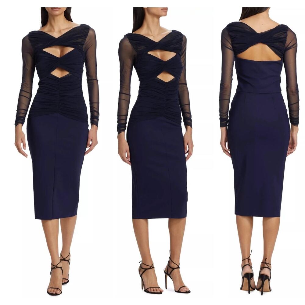 Chiara Boni La Petite Robe Leitha Layered Cut Out Gown Blue Notte 8 $1,090 NEW